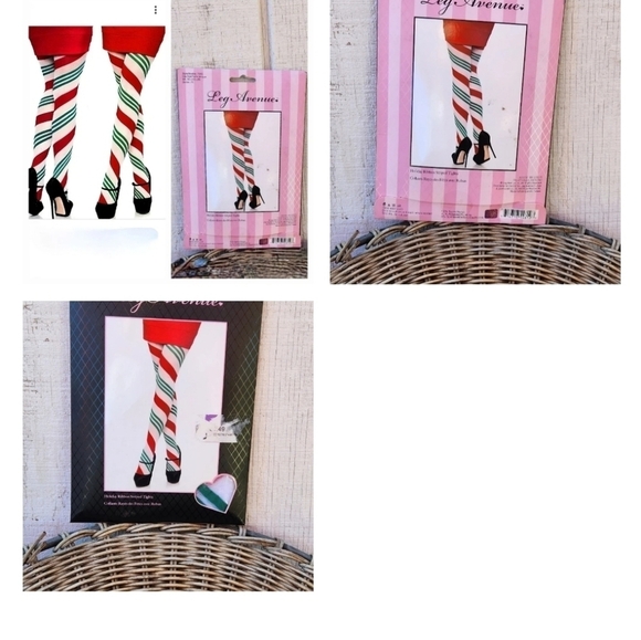 Accessories - Leg Avenue Tights Holiday Ribbon Striped Opaque Women's Reg Red White Green 7955